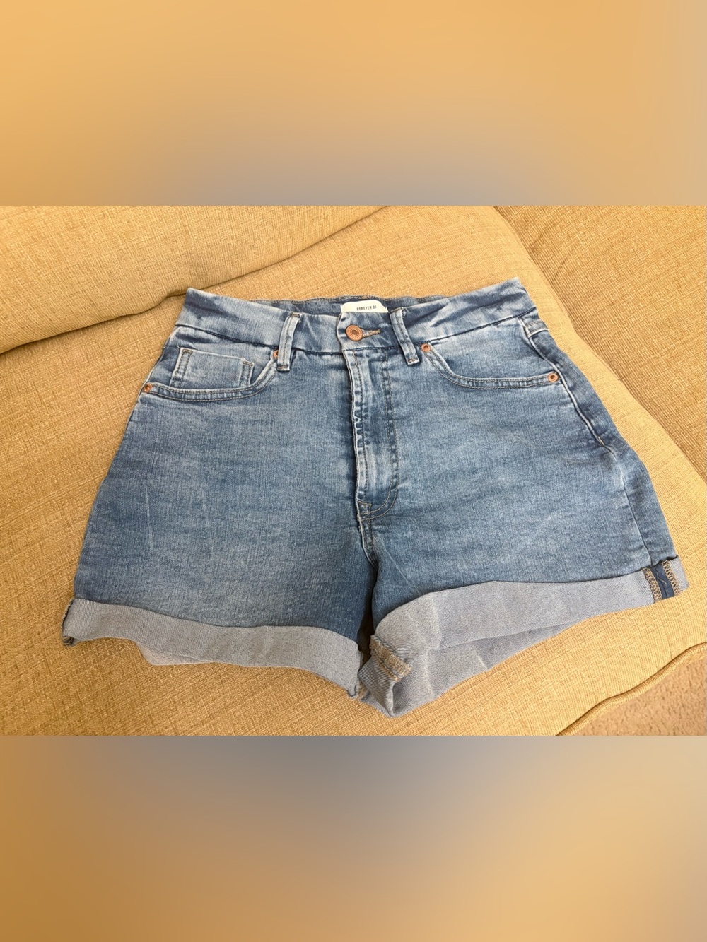 Forever 21 Medium Blue High-Rise Rolled Hem Denim Shorts